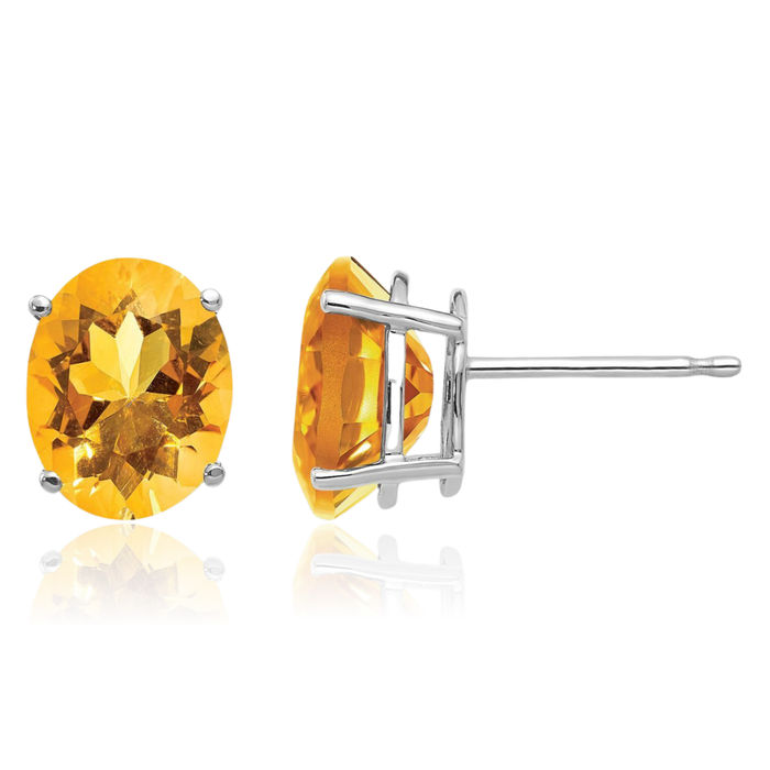 14K Solid White Gold Oval Yellow Orange Citrine Studs Gemstone Solitaire Earrings November Birthstone Jewelry