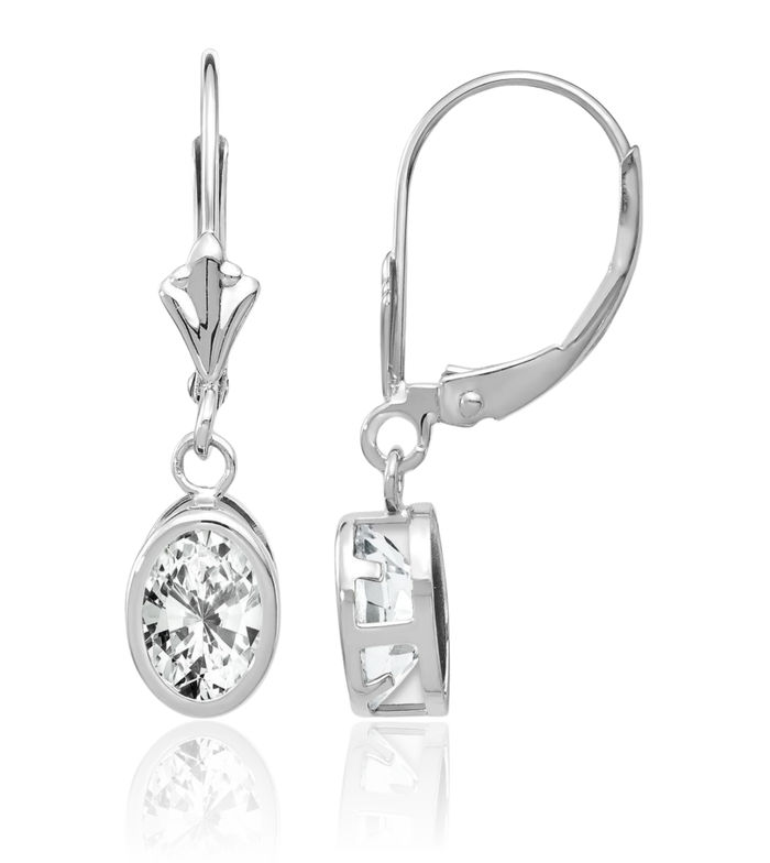 14K Solid White Gold Oval Cubic Zirconia CZ Drop Dangle Earrings Gemstone