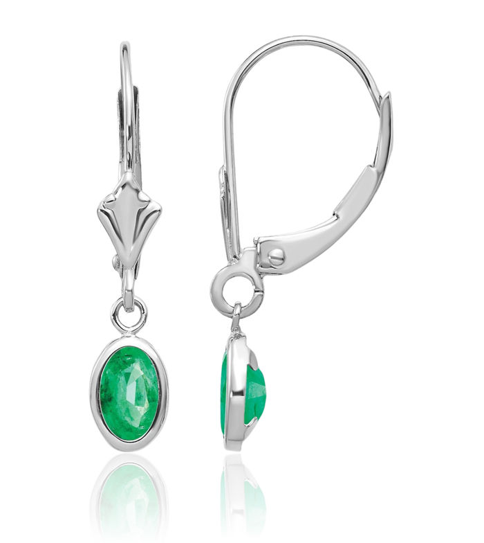 14K Solid White Gold Oval Green Emerald Drop Dangle Earrings May Birthstone Jewelry