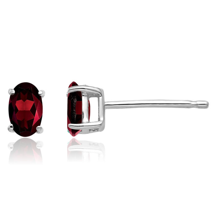 14K Solid White Gold Oval Red Garnet Studs Gemstone Solitaire Earrings January Birthstone Jewelry