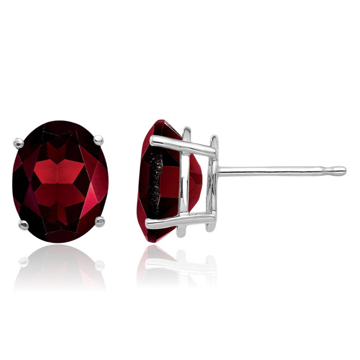 14K Solid White Gold Oval Red Garnet Studs Gemstone Solitaire Earrings January Birthstone Jewelry