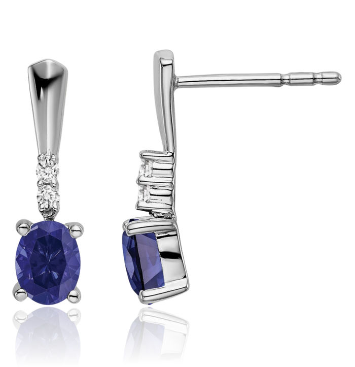 14K Solid White Gold Oval Lab Blue Sapphire Diamond Drop Dangle Earrings September Birthstone Jewelry