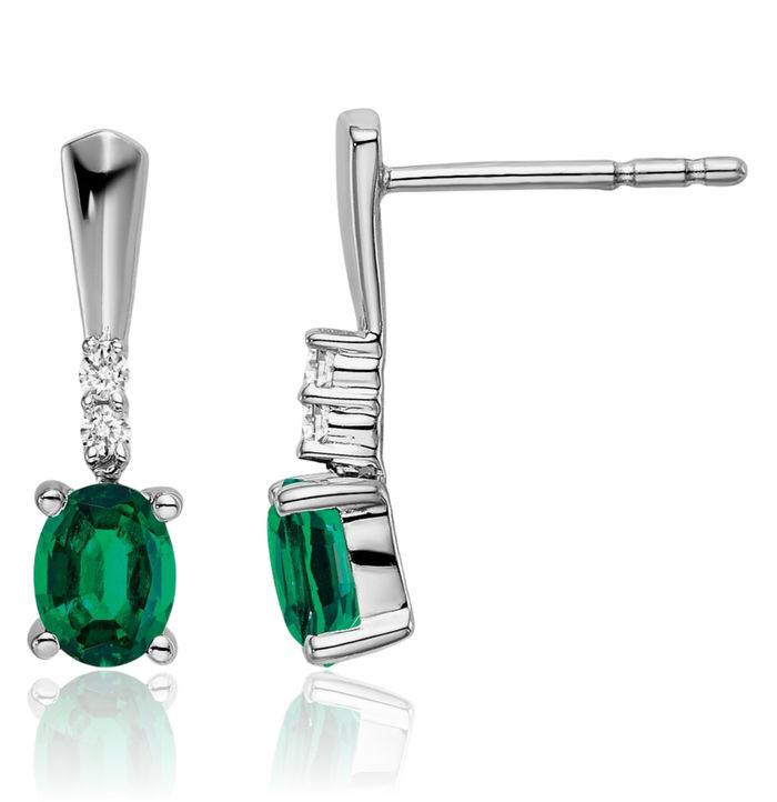 14K Solid White Gold Oval Lab Green Emerald Diamond Drop Dangle Earrings May Birthstone Jewelry