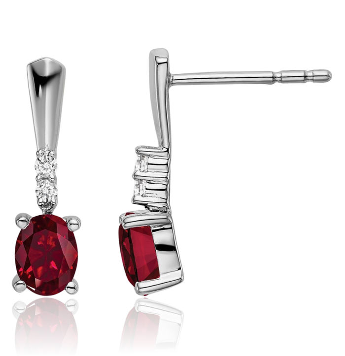 14K Solid White Gold Oval Lab Red Ruby Diamond Drop Dangle Earrings July Birthstone Jewelry