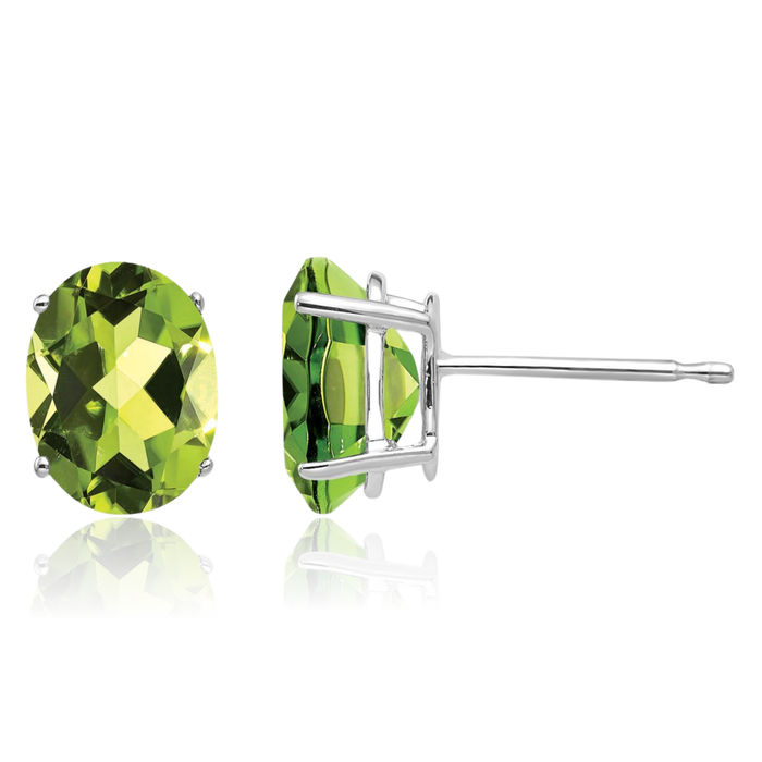 14K Solid White Gold Oval Green Peridot Studs Gemstone Solitaire Earrings August Birthstone Jewelry