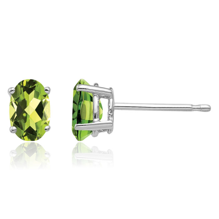 14K Solid White Gold Oval Green Peridot Studs Gemstone Solitaire Earrings August Birthstone Jewelry