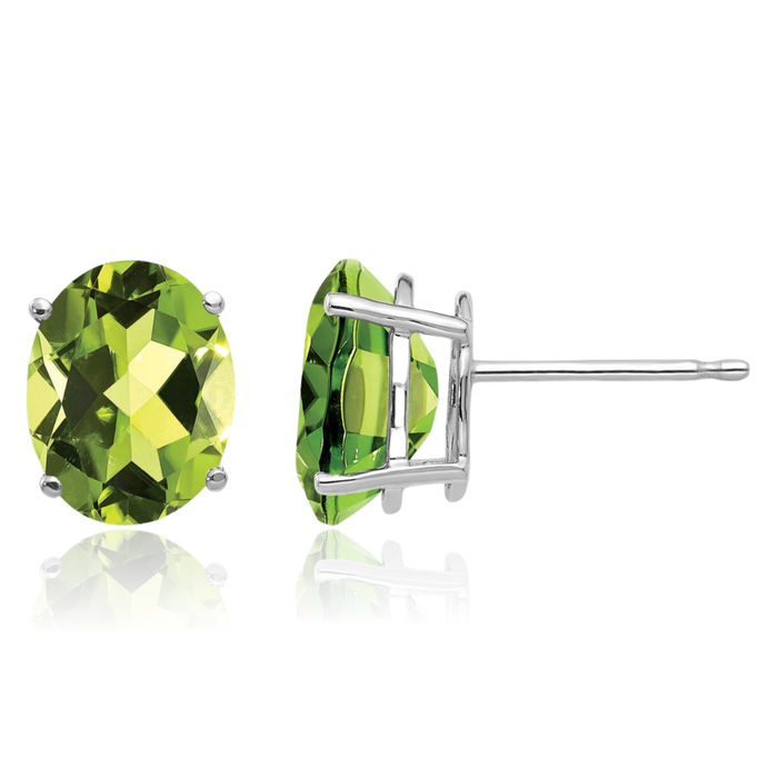 14K Solid White Gold Oval Green Peridot Studs Gemstone Solitaire Earrings August Birthstone Jewelry