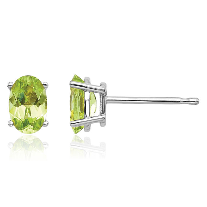 14K Solid White Gold Oval Green Peridot Studs Gemstone Earrings August Birthstone Jewelry