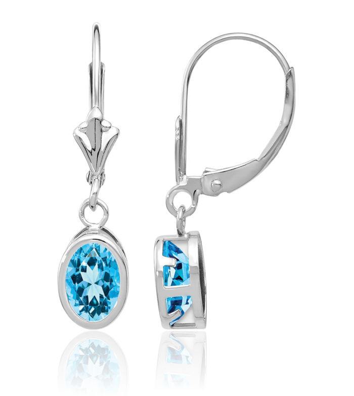 14K Solid White Gold Oval Swiss Blue Topaz Drop Dangle Earrings Gemstone December Birthstone Jewelry