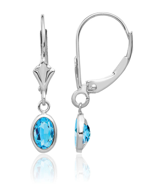 14K Solid White Gold Oval Swiss Blue Topaz Drop Dangle Earrings December Birthstone Jewelry