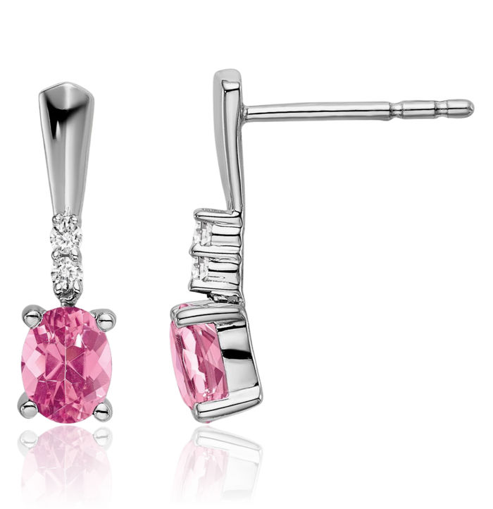 14K Solid White Gold Oval Pink Tourmaline Diamond Drop Dangle Earrings October Birthstone Jewelry