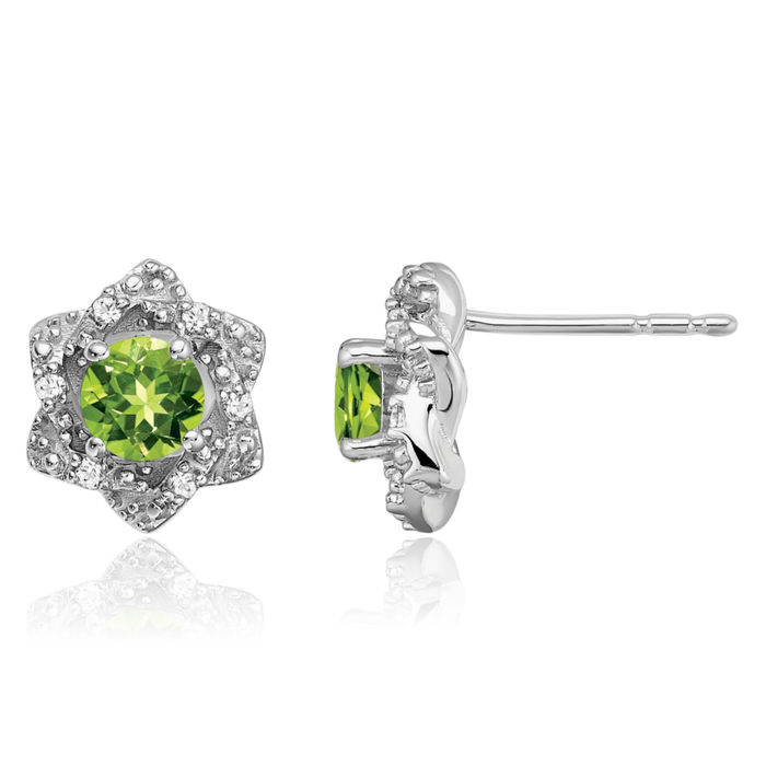 14K Solid White Gold Green Peridot Diamond Stud Earrings August Birthstone Jewelry