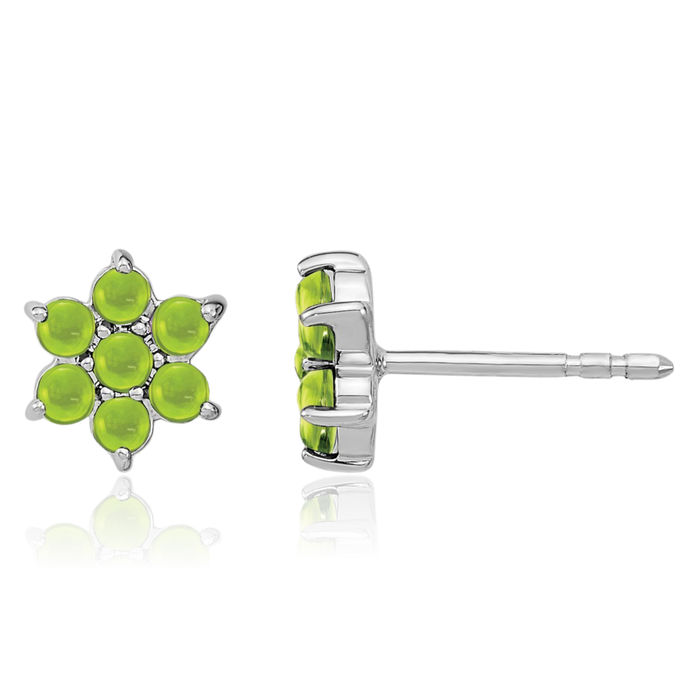 14K Solid White Gold Green Peridot Flower Stud Earrings August Birthstone Jewelry