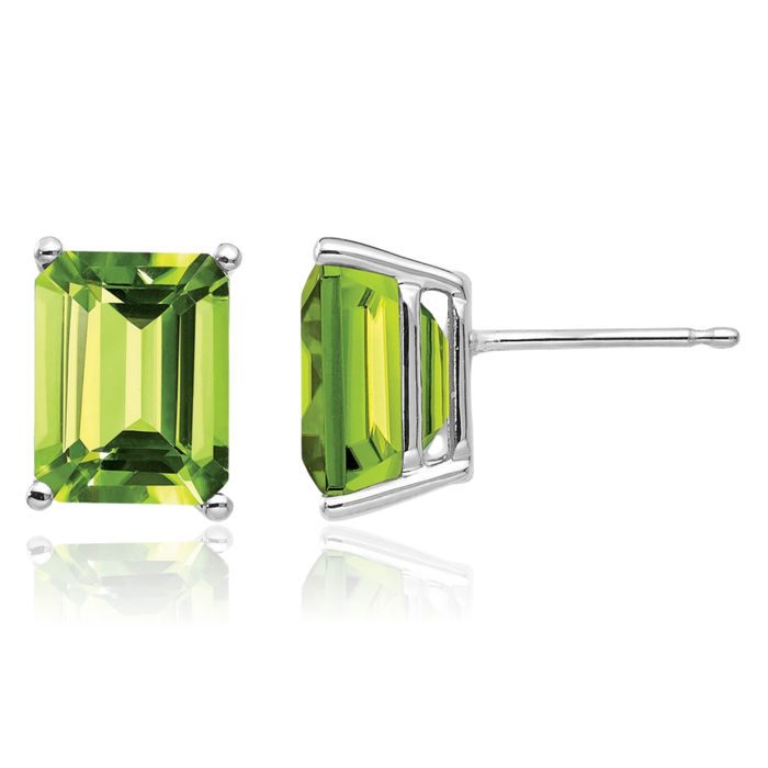 14K Solid White Gold Green Peridot Studs Gemstone Solitaire Earrings August Birthstone Jewelry