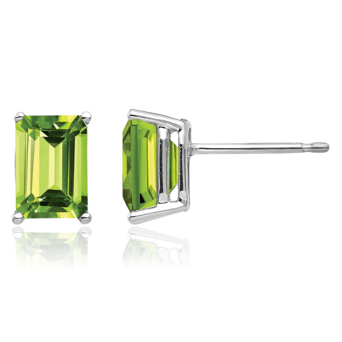 14K Solid White Gold Green Peridot Studs Gemstone Solitaire Earrings August Birthstone Jewelry