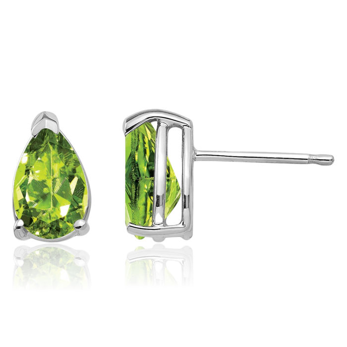 14K Solid White Gold Green Peridot Studs Pear Teardrop Gemstone Solitaire Earrings August Birthstone Jewelry