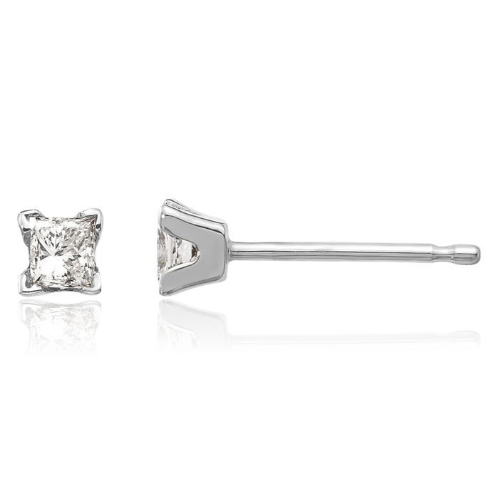 14K Solid White Gold Princess-Cut Square Diamond Stud Solitaire Earrings