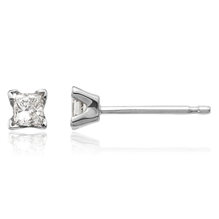 14K Solid White Gold Princess-Cut Square Diamond Stud Solitaire Earrings