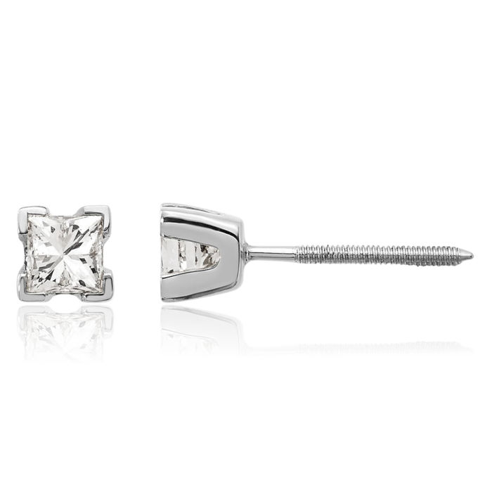 14K Solid White Gold Princess-Cut Square Diamond Stud Solitaire Earrings