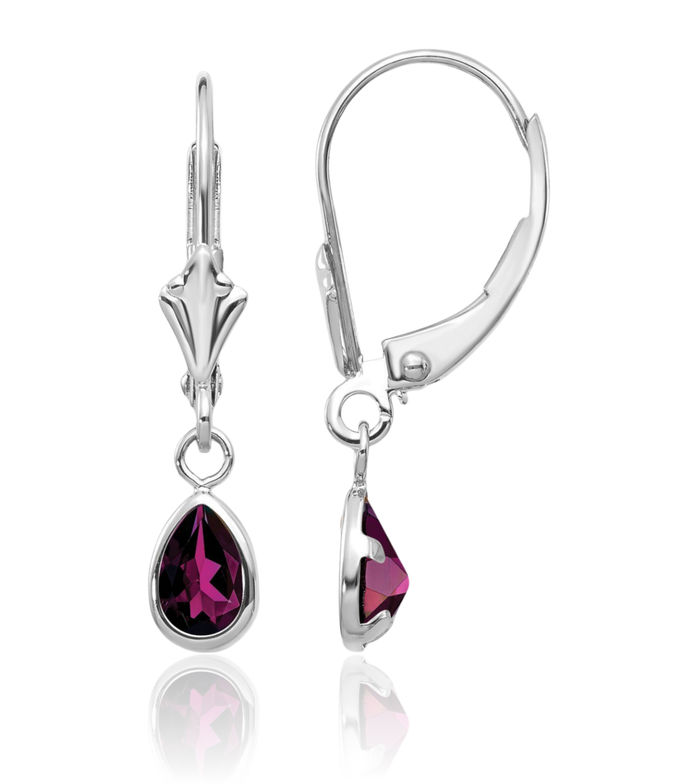 14K Solid White Gold Purple Rhodolite Garnet Drop Dangle Earrings Pear Teardrop Gemstone June Birthstone Jewelry