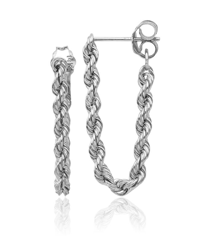 14K Solid White Gold Rope Chain Drop Dangle Earrings