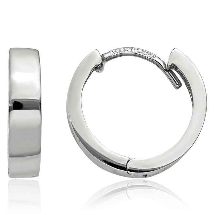 14K Solid White Gold Round Huggie Small Hoop Earrings