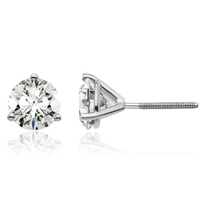 14K Solid White Gold Round Lab Diamond Screw Back Stud Earrings