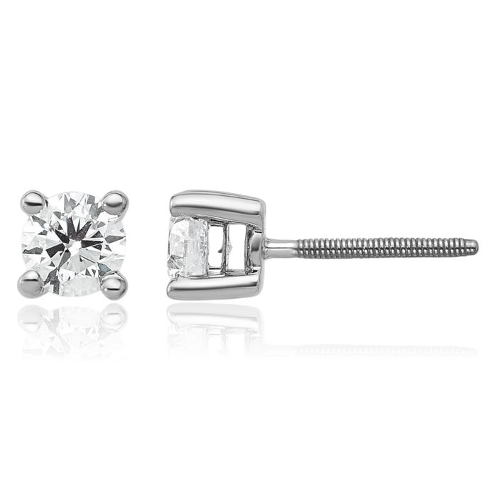 14K Solid White Gold Round Lab Diamond Screw Back Stud Earrings