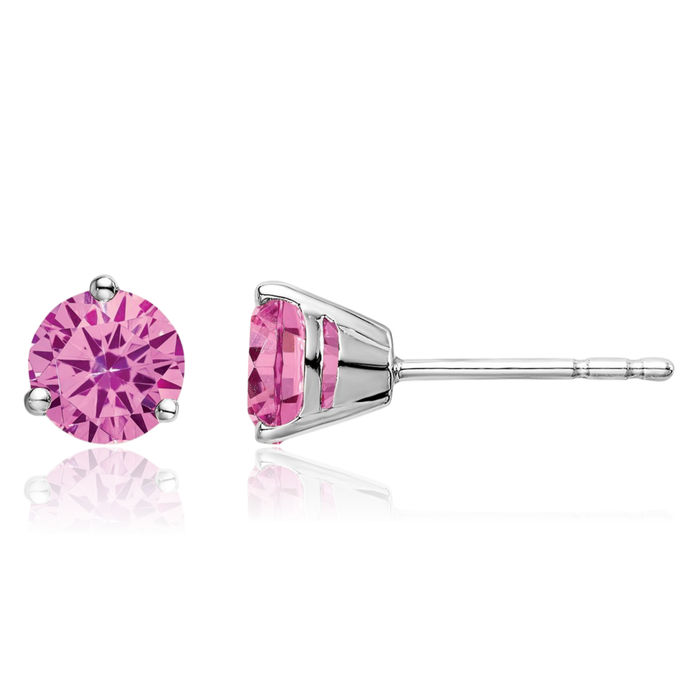 14K Solid White Gold Round Lab Pink Sapphire Studs Gemstone Solitaire Earrings October Birthstone Jewelry