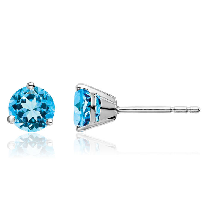 14K Solid White Gold Round Swiss Blue Topaz Studs Gemstone Solitaire Earrings December Birthstone Jewelry