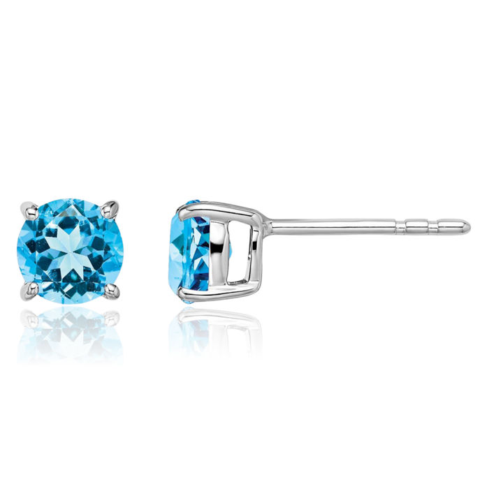 14K Solid White Gold Round Swiss Blue Topaz Studs Gemstone Earrings December Birthstone Jewelry