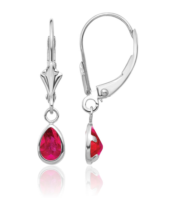 14K Solid White Gold Red Ruby Drop Dangle Earrings Pear Teardrop Gemstone July Birthstone Jewelry