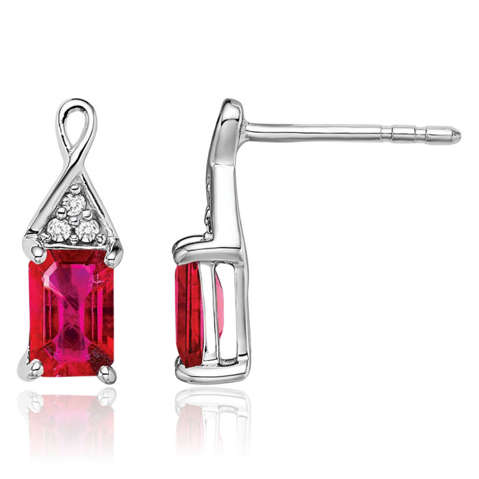 14K Solid White Gold Red Ruby Diamond Drop Dangle Earrings Gemstone Post Push Back July Birthstone Jewelry