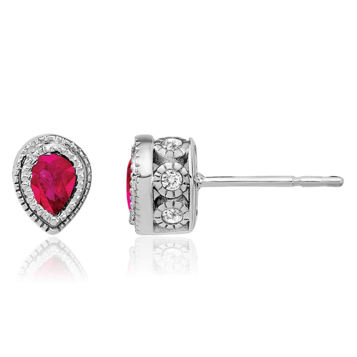 14K Solid White Gold Red Ruby Diamond Studs Pear Teardrop Gemstone Earrings July Birthstone Jewelry