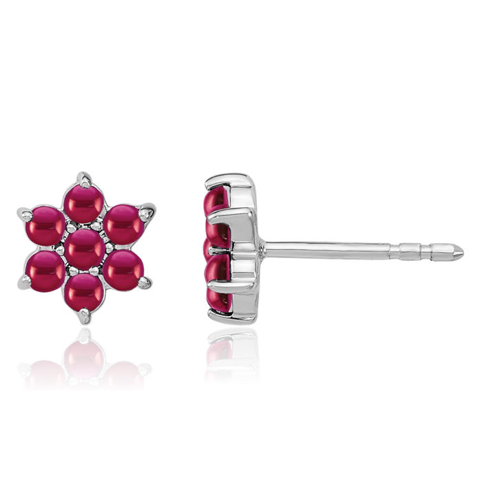 14K Solid White Gold Red Ruby Flower Stud Earrings July Birthstone Jewelry