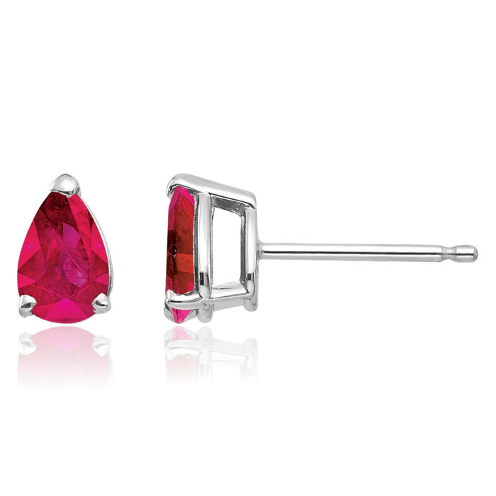 14K Solid White Gold Red Ruby Studs Pear Teardrop Gemstone Solitaire Earrings July Birthstone Jewelry