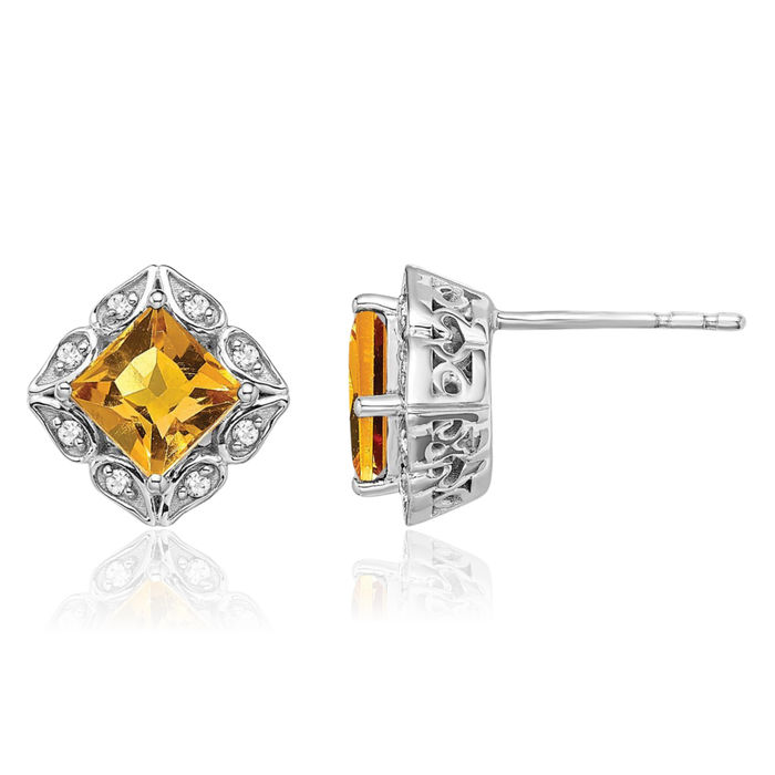 14K Solid White Gold Square Yellow Orange Citrine Diamond Stud Earrings November Birthstone Jewelry