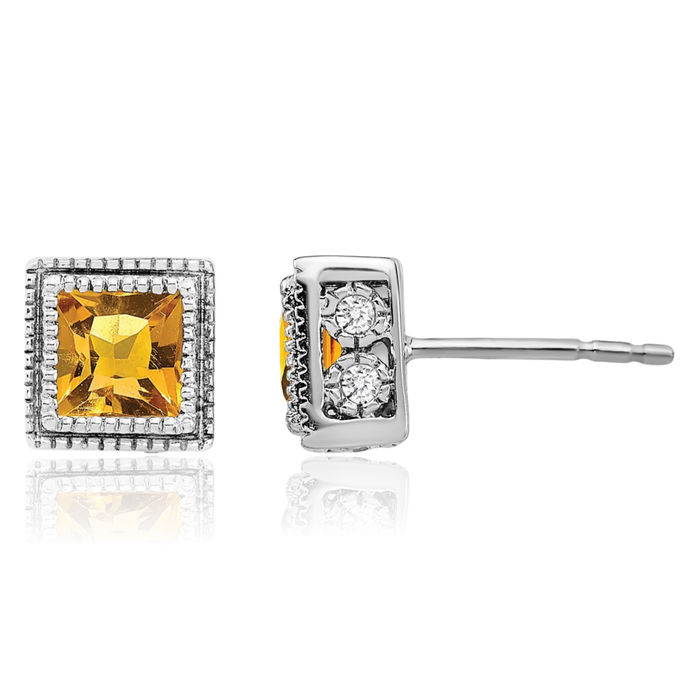 14K Solid White Gold Square Yellow Orange Citrine Diamond Stud Solitaire Earrings November Birthstone Jewelry