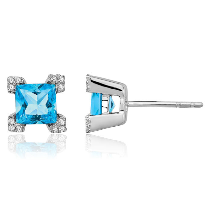 14K Solid White Gold Square Swiss Blue Topaz Diamond Stud Earrings December Birthstone Jewelry