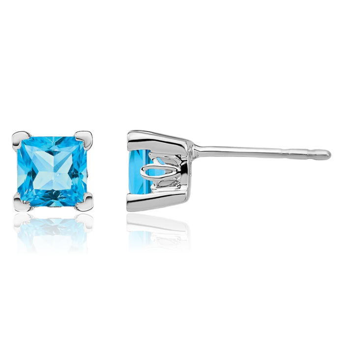 14K Solid White Gold Square Swiss Blue Topaz Studs Gemstone Earrings December Birthstone Jewelry