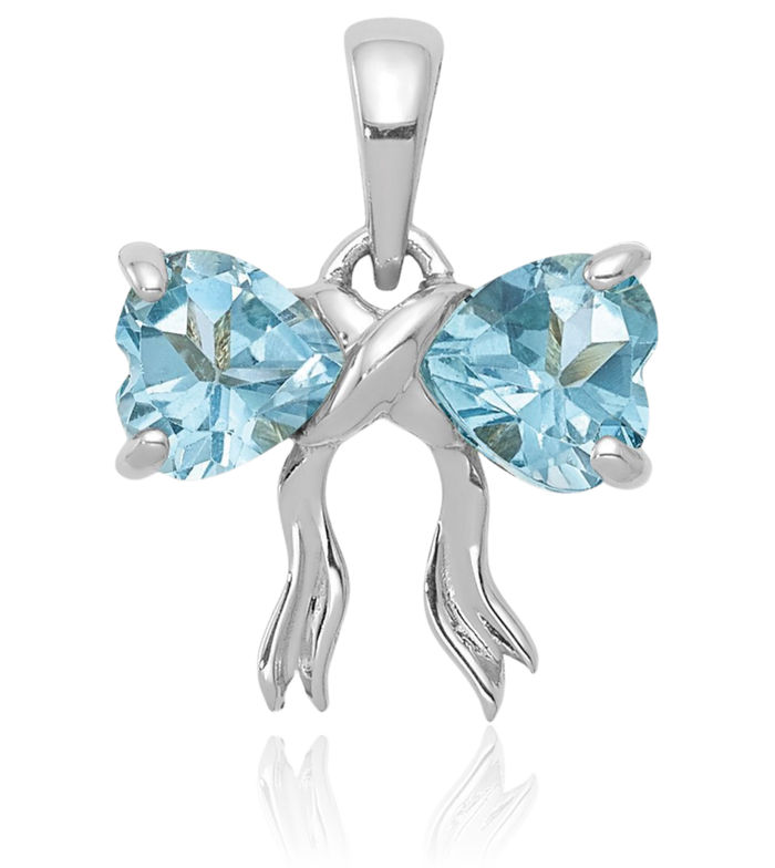 14K Solid White Gold Swiss Blue Topaz Bow Necklace Heart Gemstone Pendant Charm December Birthstone Jewelry