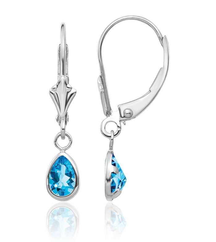 14K Solid White Gold Swiss Blue Topaz Drop Dangle Earrings Pear Teardrop Gemstone December Birthstone Jewelry