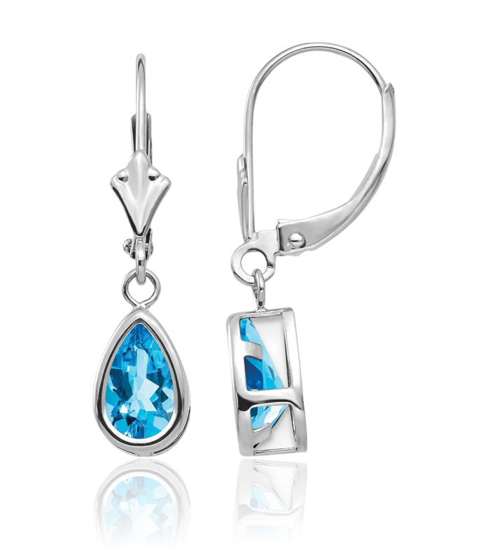 14K Solid White Gold Swiss Blue Topaz Drop Dangle Earrings Pear Teardrop Gemstone December Birthstone Jewelry