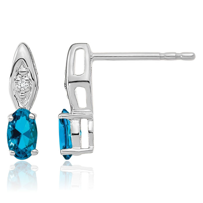 14K Solid White Gold Swiss Blue Topaz Diamond Drop Dangle Earrings December Birthstone Jewelry