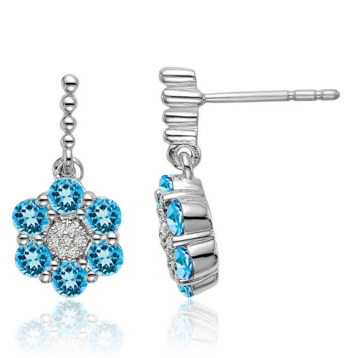 14K Solid White Gold Swiss Blue Topaz Diamond Drop Dangle Earrings Gemstone Post Push Back December Birthstone Jewelry