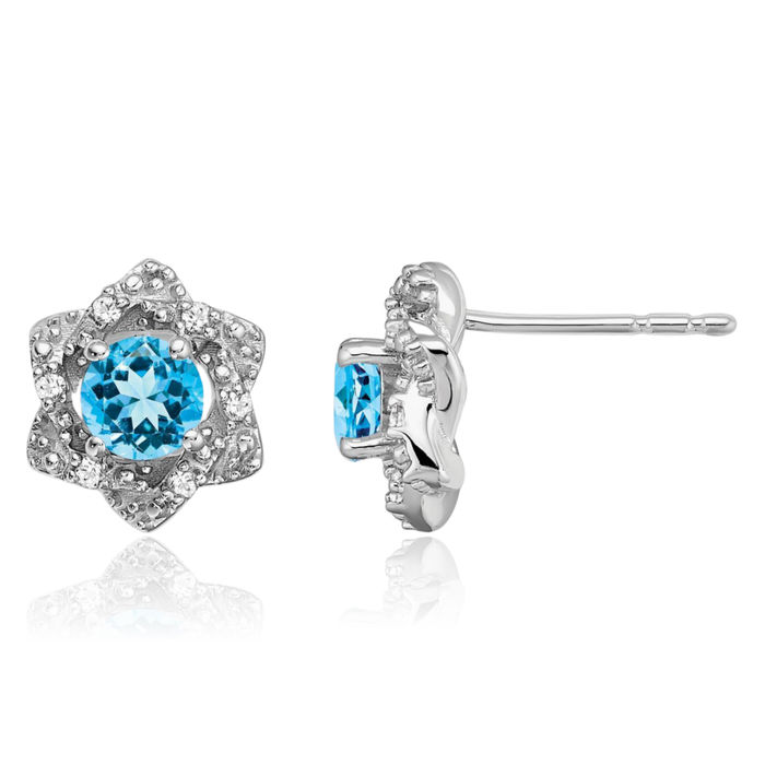 14K Solid White Gold Swiss Blue Topaz Diamond Stud Earrings December Birthstone Jewelry