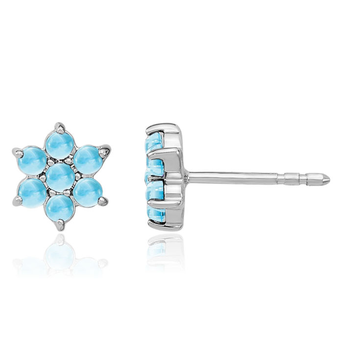 14K Solid White Gold Swiss Blue Topaz Flower Stud Earrings December Birthstone Jewelry