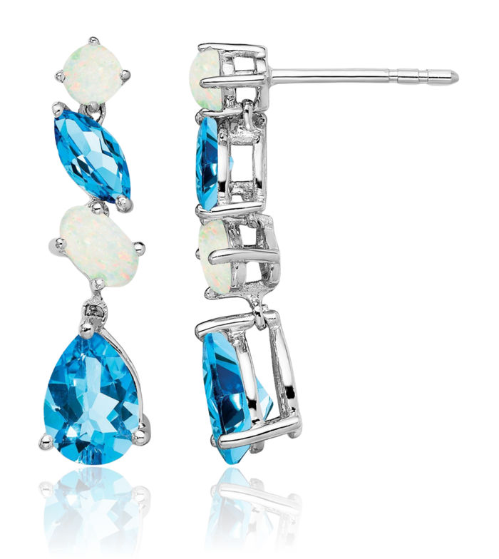 14K Solid White Gold Swiss Blue Topaz Opal Drop Dangle Earrings Pear Teardrop Gemstone December Birthstone Jewelry