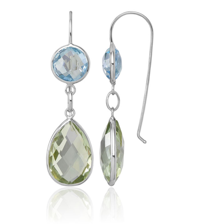 14K Solid White Gold Swiss Blue Topaz Green Quartz Drop Dangle Earrings Pear Teardrop Gemstone