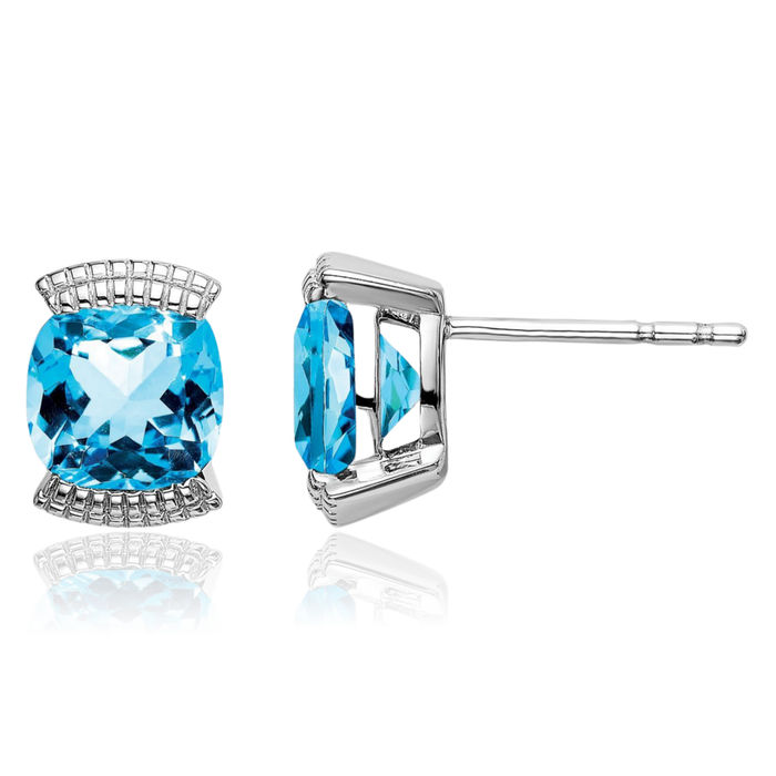 14K Solid White Gold Swiss Blue Topaz Studs Gemstone Earrings December Birthstone Jewelry